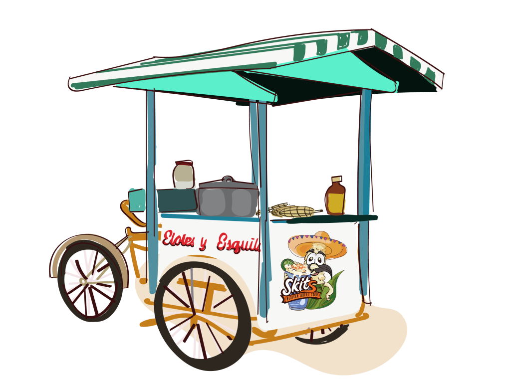 Street food cart selling esquites and elote with toppings like lime, chili, and cheese