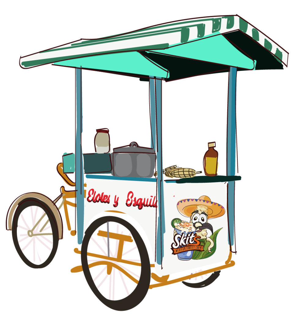 Street food cart selling esquites and elote with toppings like lime, chili, and cheese
